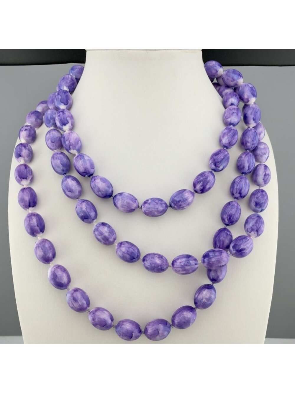 Vintage Beaded Layered Necklace Purple Acrylic Long 54”